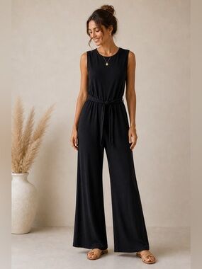 Black Wide Leg Jumpsuit Sleeveless Tie Waist Casual Chic Summer M